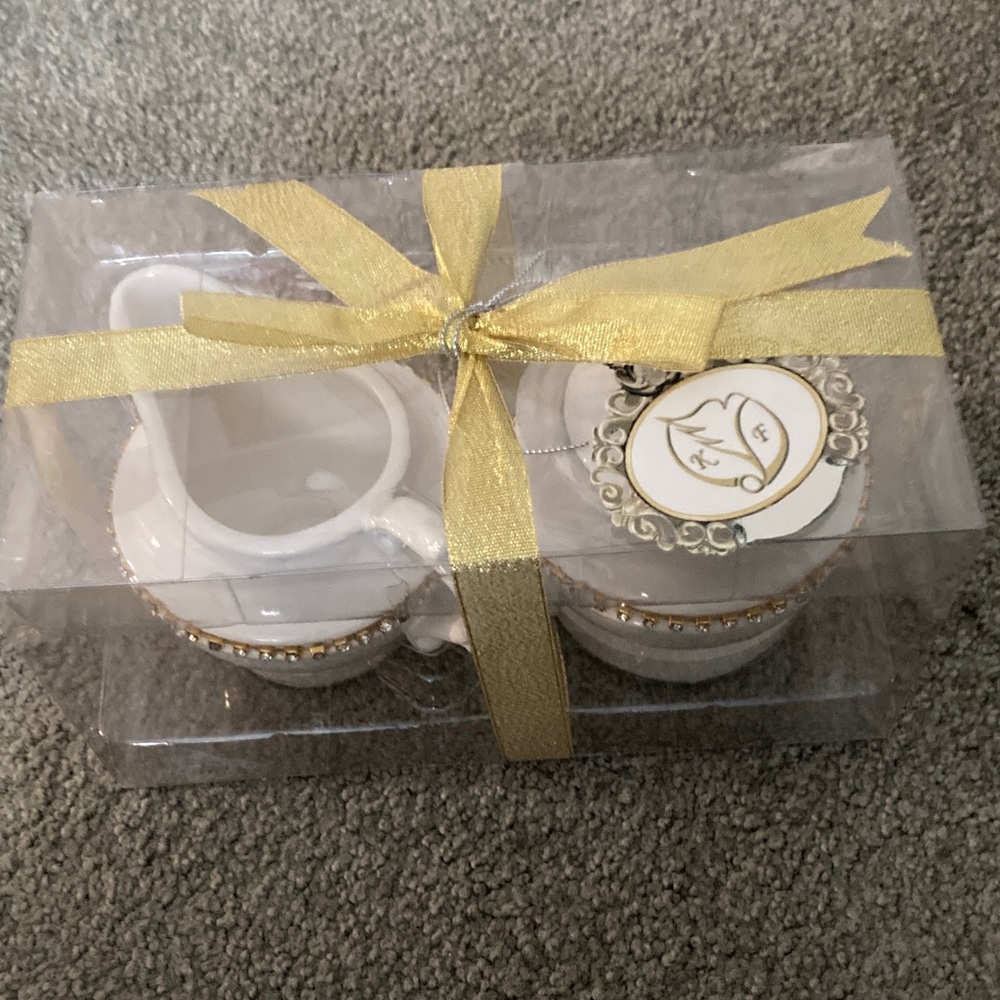 White Cream and Sugar set with faux dia. Trim